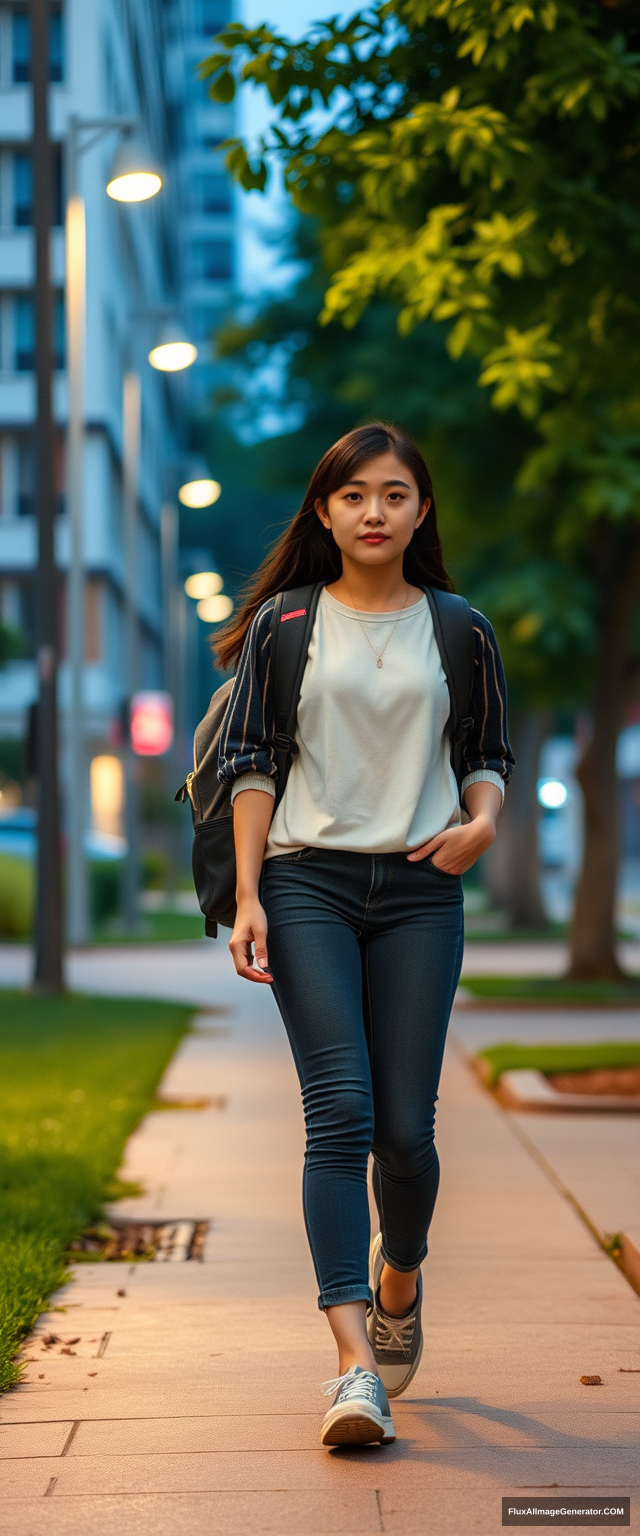 A female high school student on her way home from school in the evening, Asian, full-body view.