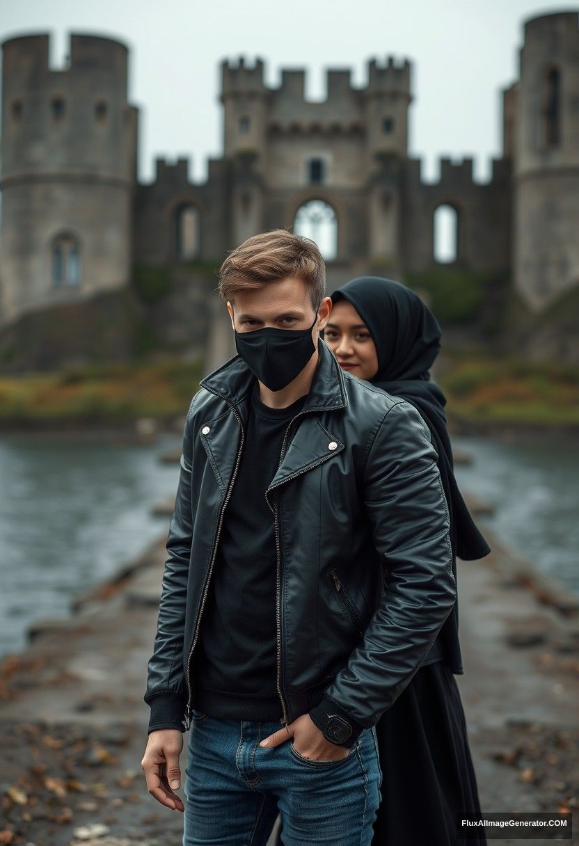 Jamie Dornan's head and body shot, handsome, youngest, face mask black, black leather jacket, jeans, dating, love with the biggest black hijab Muslim girl, not tall, beautiful eyes, face mask, maroon leather jacket, biggest black skirt, hyper realistic, studio photography, full body photo, explore at abandoned castle, at sea, gloomy scenery.