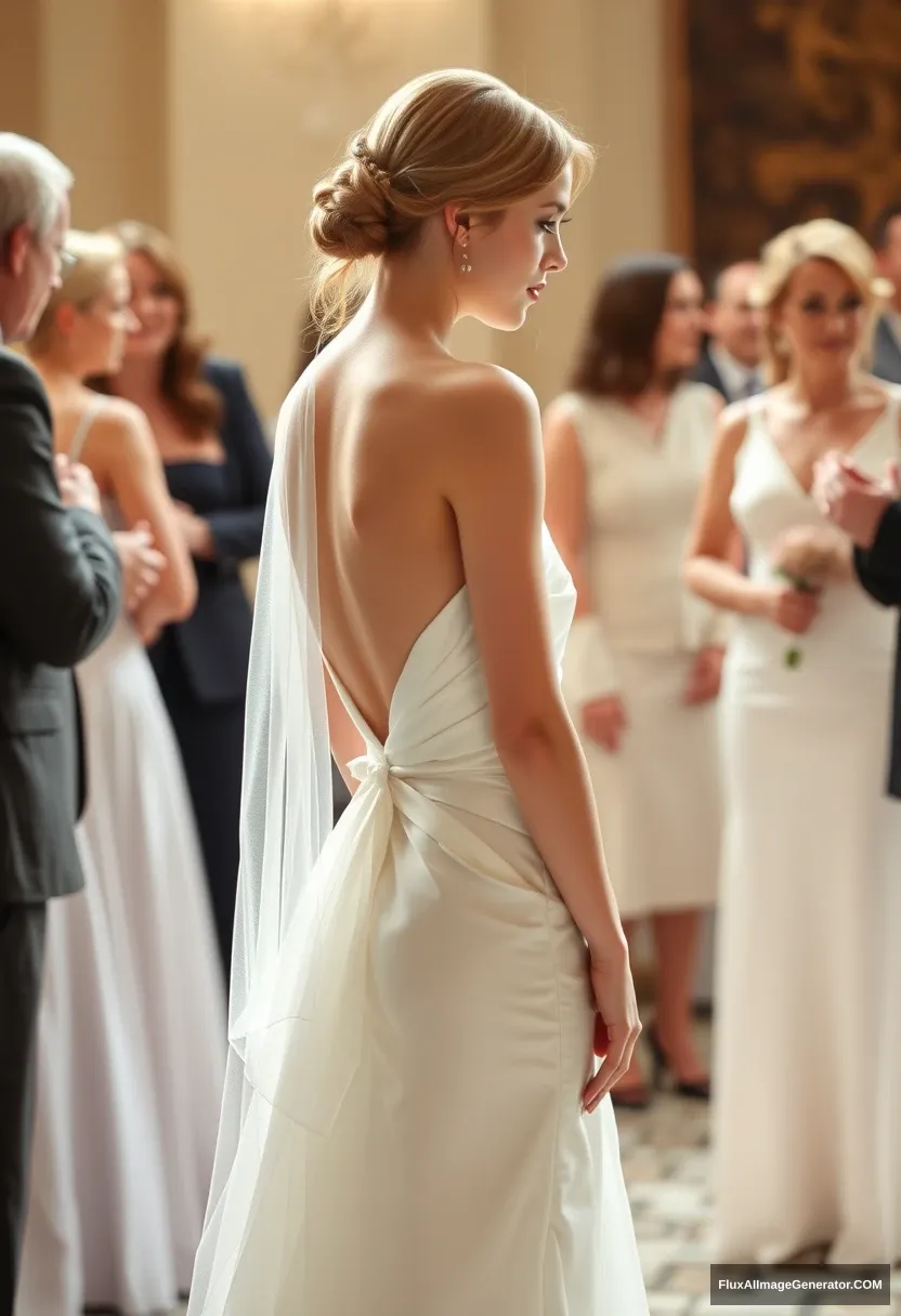 A short young woman, sensitive, delicate, girly, wearing a backless, strapless, side-less, low-waisted contouring wedding dress with a loose front. Fawning obediently while mingling with fathers. Expectations. Perfect posture. Pale skin.