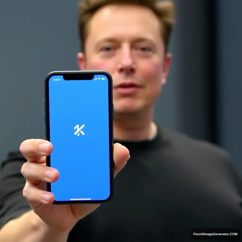 Elon Musk holds a phone and the phone screen shows the KainoAI app, which is styled in blue. - Image