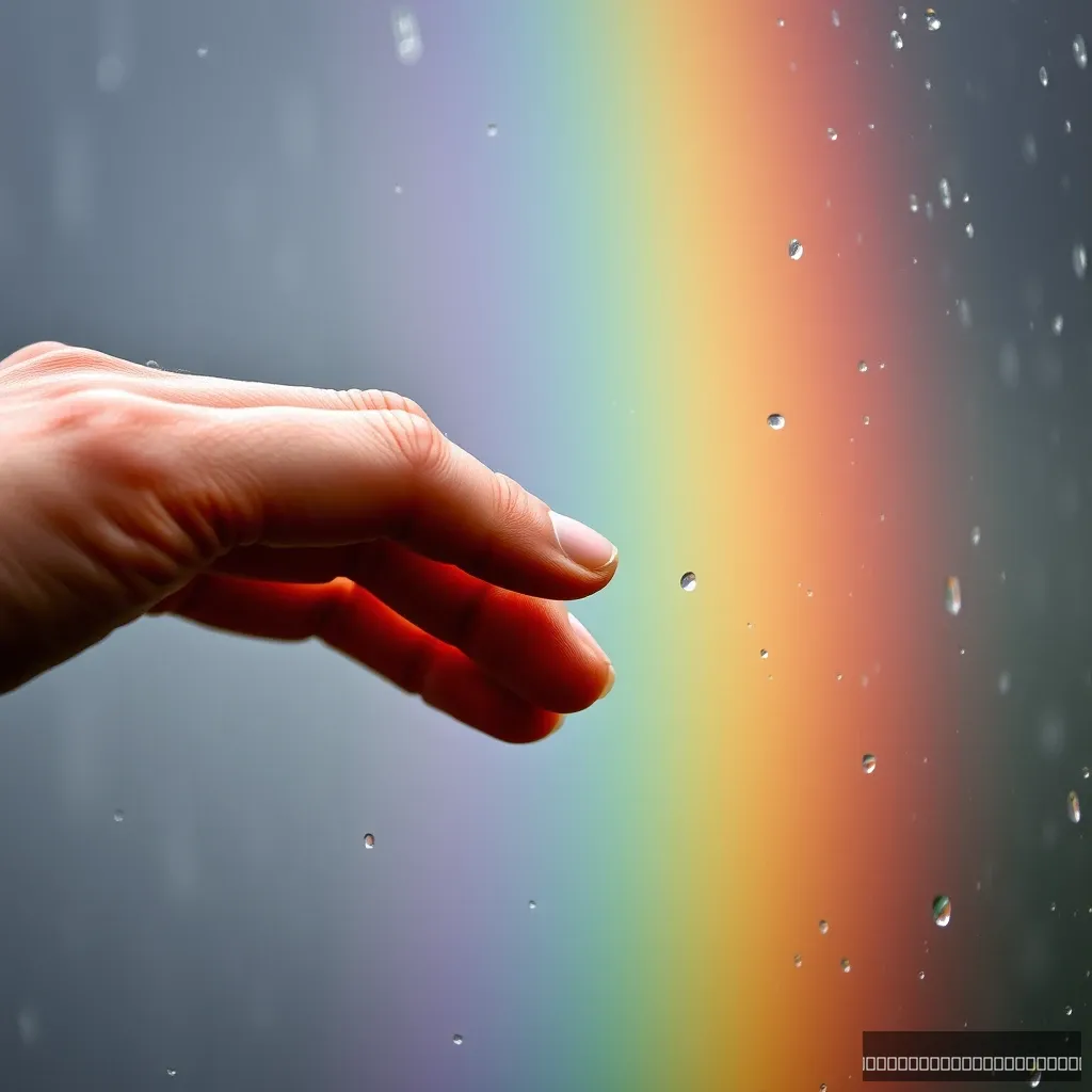 hand touching raindrop, rain, rainbow