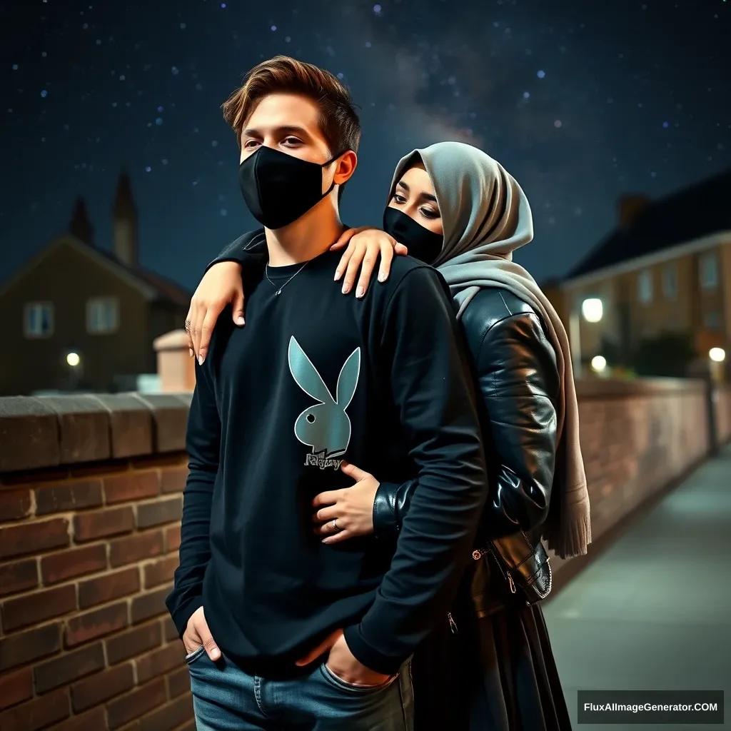 Jamie Dornan, tall and young, wearing a black face mask, a black long-sleeve T-shirt with a playboy logo, and jeans, is dating a lovely, romantic Muslim girl in a grey hijab with beautiful eyes, also wearing a black face mask and a leather jacket, along with an exceptionally long and big skirt. She's not a tall girl. She's crying, laying on his shoulder, hugging him from behind, flirting and persuading him. They are by a brick wall in town, captured in a photorealistic style of street photography at night, with the Milky Way above.