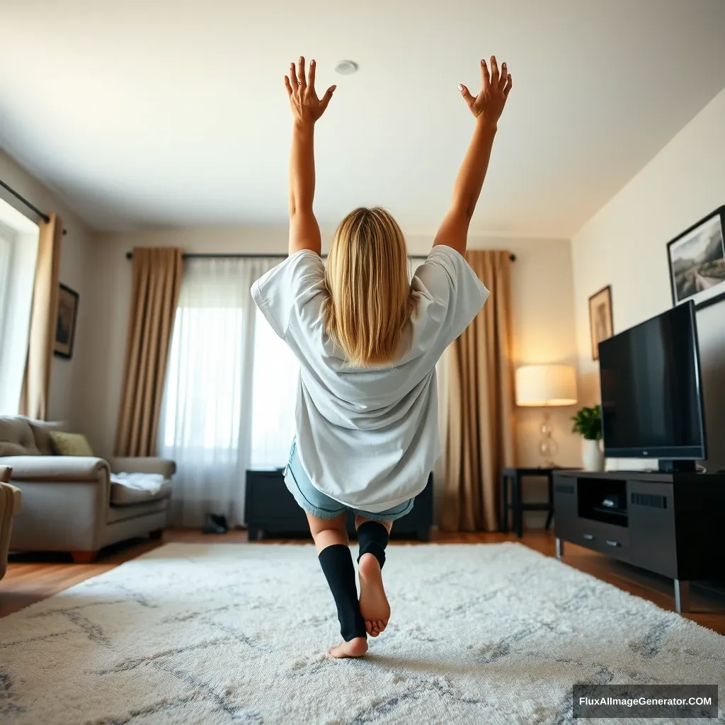 A blonde, skinny woman is positioned at a right angle in her large living room. She is wearing an extremely oversized white t-shirt, which is unbalanced on one of her sleeves, and oversized light blue denim shorts that are not rolled up. She has knee-high black socks on, with no shoes. Facing her TV, she dives headfirst, raising both arms below her head, which is tilted up, while her legs are in the air, creating a -60 degree angle.