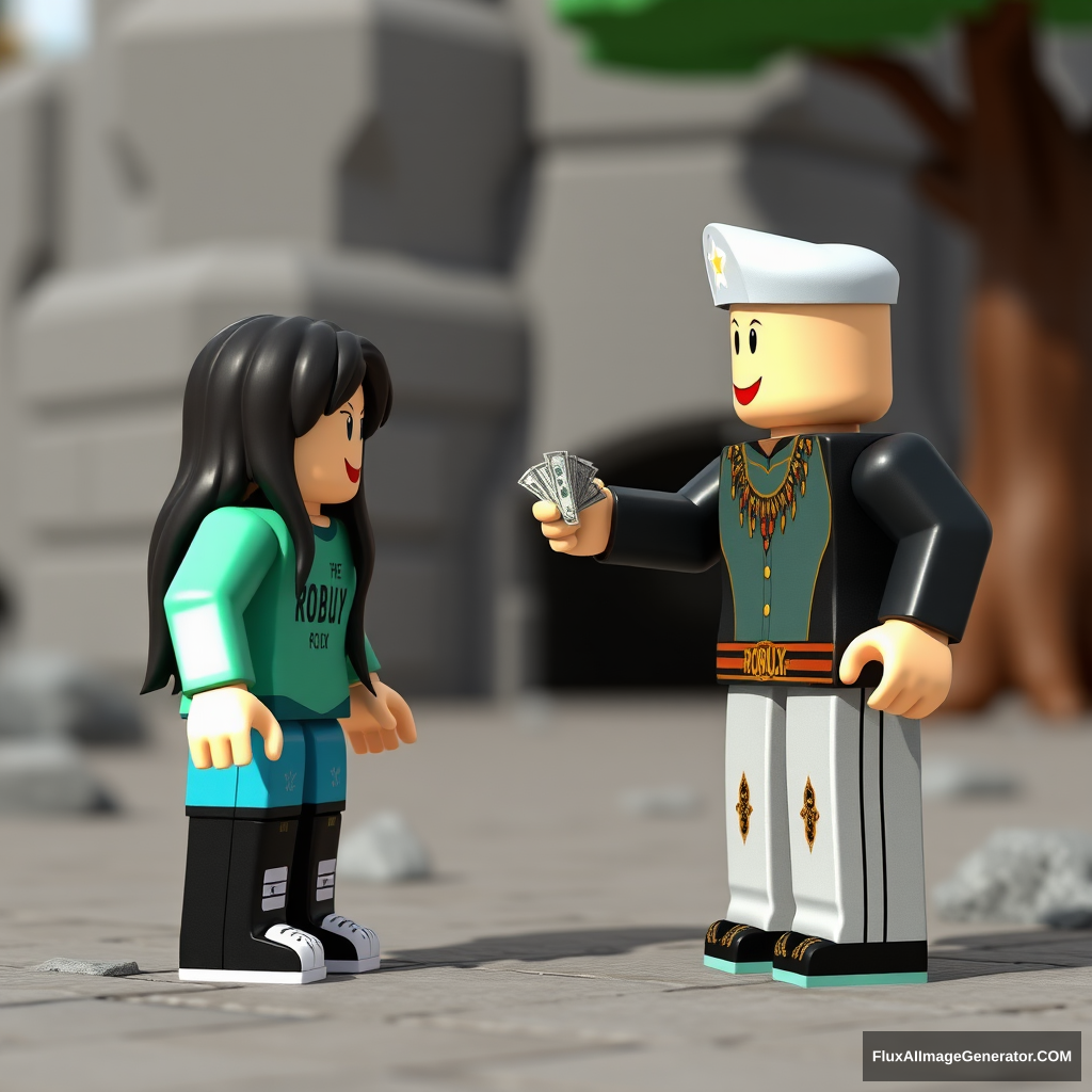 Please donate Robux in the Roblox game, standing and begging for Robux from another character, while that character gives Robux money to the poor. Please give money. Please. Roblox game background place #detailed, #explained. - Image