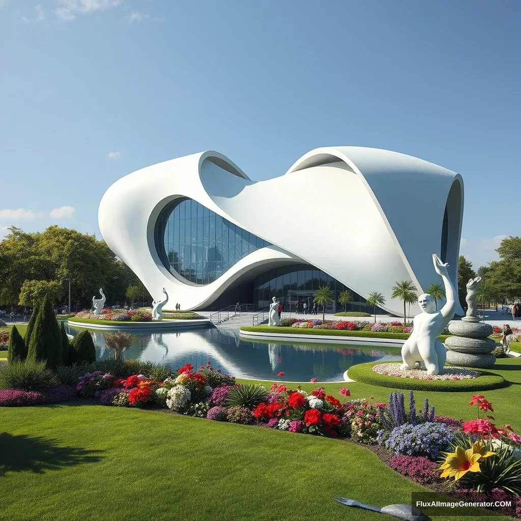 A modern and futuristic art building stands in front of us. The exterior of the building has smooth lines and a strong sense of technology, and a large number of new building materials are used, such as high-strength transparent glass and lightweight metal alloys. The shape of the building is unique, maybe a twisted geometric shape, or a combination of smooth curves and sharp corners. The building is surrounded by charming landscapes. There is a carefully designed artificial lake. The lake water is clear and reflects the beautiful shadow of the building. Various rare plants are planted by the lake. Colorful flowers are competing for beauty. The green lawn is neatly trimmed. There are also unique sculptures dotted among them, echoing the building and jointly forming a harmonious and beautiful picture. High-resolution image, high-quality picture, hyper-realistic, sharp focus, professional majestic oil painting, trending on ArtStation, trending on CGSociety, Intricate, High Detail, dramatic, photorealistic painting art by midjourney and greg rutkowski.