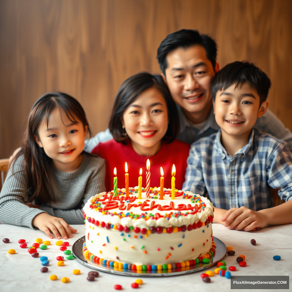 A birthday cake is placed on the table with the words "Happy Birthday" written on it. There are four Chinese people sitting behind the table. The person in the middle is a mother who is about 35 years old. Sitting on the right side of the mother is a father who is about forty years old and his son who is about ten years old. The daughter who is about eight years old is sitting on the left side of the mother. The cake is decorated with colorful candies and candles. Some candies were scattered on the table, adding to the festive atmosphere of the birthday celebration. - Image