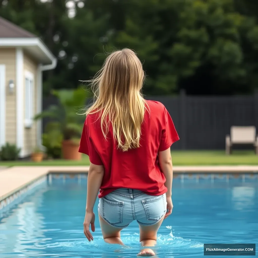 Back view of a young blonde skinny woman in her early twenties in a large backyard, wearing an oversized red polo t-shirt that is slightly askew on one shoulder, with the bottom part of the shirt untucked. She is also wearing size M light blue denim shorts and is barefoot. She dives head first into her pool.