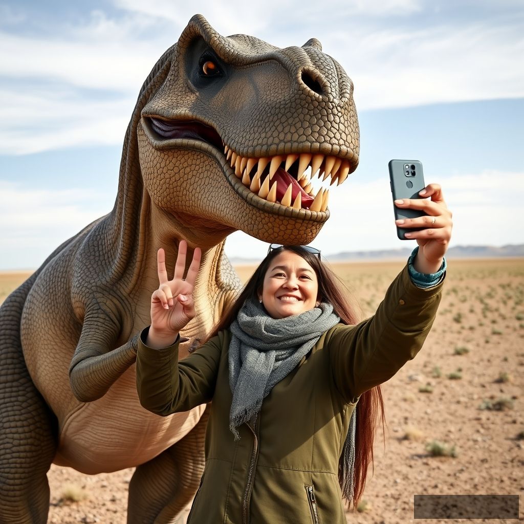 20-year-old Mongolian woman with a large adult roaring Dinosaur T-rex raises her phone for unusual selfies, Dinosaur T-rex hugs the woman, woman shows V hand sign, realistic photo, Gobi Steppe Mongolia.