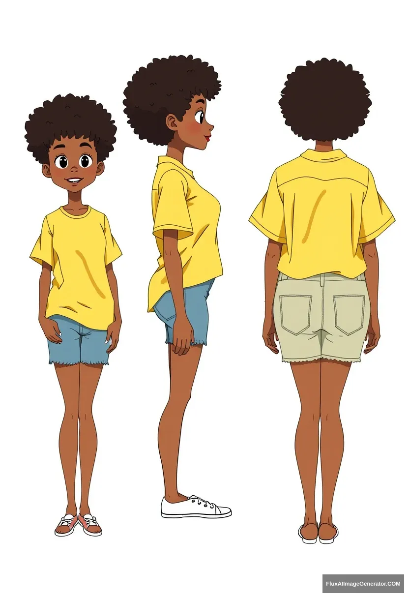 front, side, and back profile character sheet, girl in yellow shirt with jean shorts, with hairstyle afro - Image