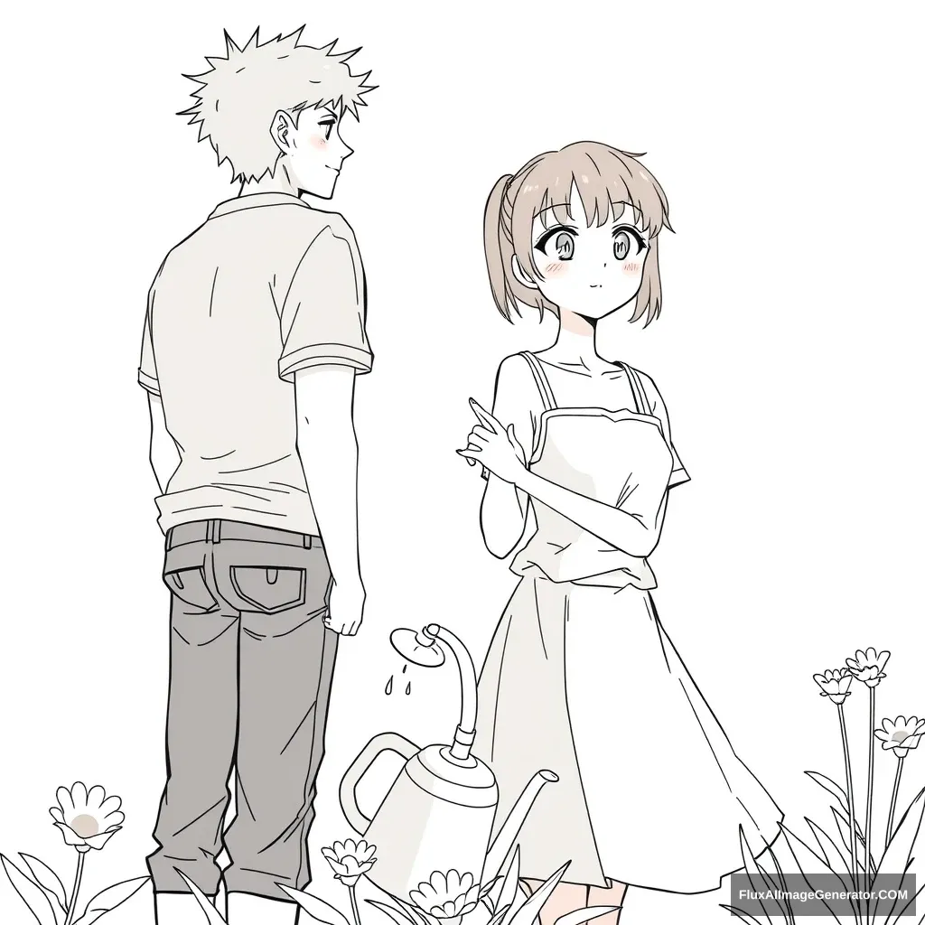 Anime line art, front view of a handsome tall boy watering a flower and looking back while a girl standing behind him puts both hands on his shoulders, tilting her head and looking curious.