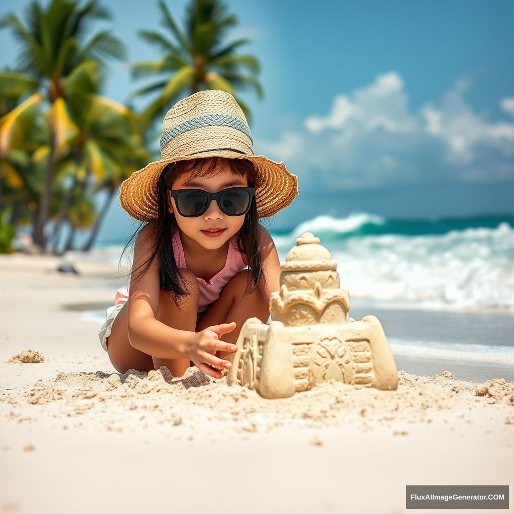 Asian on a beach, with a straw hat and sunglasses, building a sandcastle, the intricate details of the castle reflecting her creative effort, as the tide rolls gently against it, palm trees lining the shore indicating a tropical paradise, composition centered around her focused expression and the majestic ocean waves in the distance, atmosphere filled with playful energy and the scent of saltwater in the air, in a realistic photography style, captured with a Canon EOS R camera, 24-70mm lens, encapsulating a moment of childhood wonder. --ar 16:9 --v 5