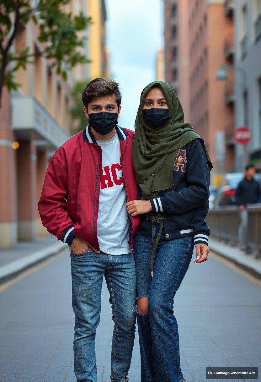 Jamie Dornan, young, black face mask, capital A collage jacket, jeans, red sneakers, dating, love, romantic with the largest army green hijab, beautiful eyes, black face mask, college jacket, the biggest longest skirt, not a tall girl, photorealistic realistic, street photography, full photography.