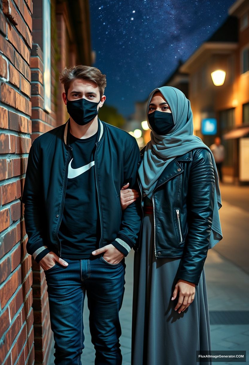 Jamie Dornan, youngest, black face mask, collage jacket, Nike t-shirt, jeans, tall man, fit body,

Dating, love with the biggest grey hijab Muslim girl, beautiful eyes, black face mask, leather jacket, biggest longest skirt, slim untall girl, holding his arm

standing at a brick wall, at town, night scenery, milky-way, hyper-realistic, photorealistic, street photography.