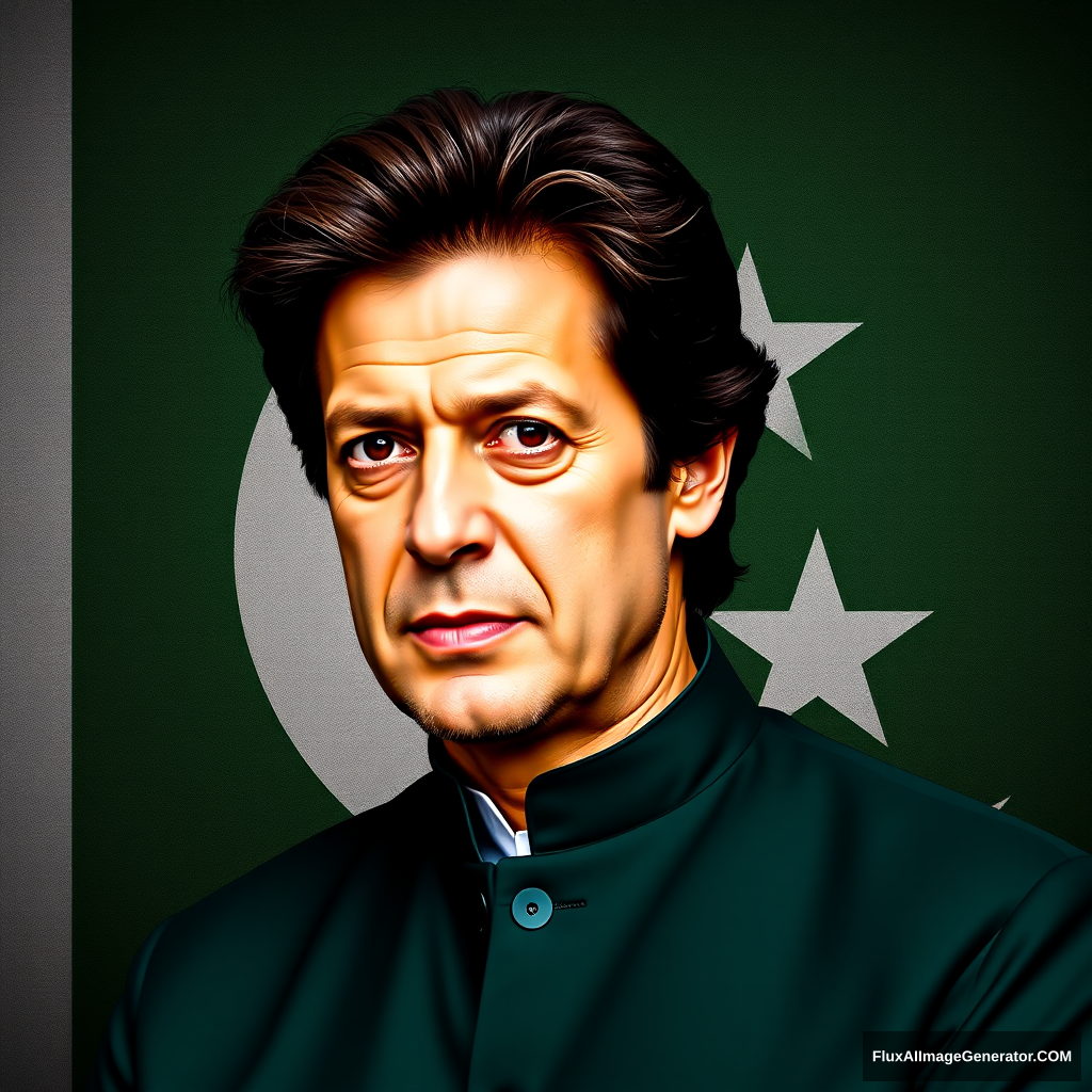 "Can you create the real image of Imran Khan with the background of the Pakistani flag?"