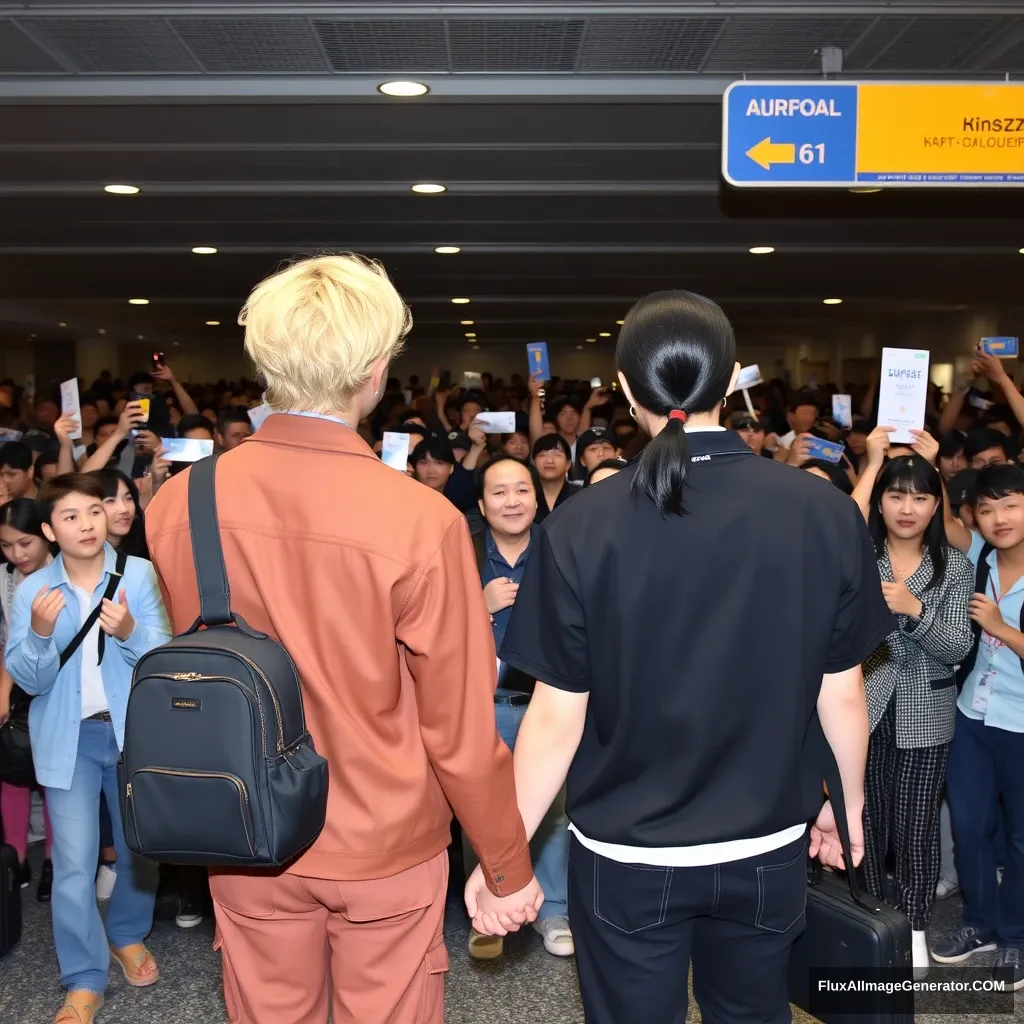 A man with curled, blonde ear-length hair and a man with low pony-tailed ebony hair are holding hands in front of a large crowd of fans at the airport, facing away from them. Both are dressed in a K-pop idol style, and the blonde man is taller.