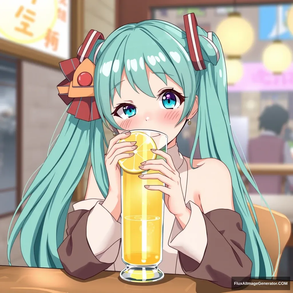 "Vocaloid Miku drinks lemon tea again." - Image