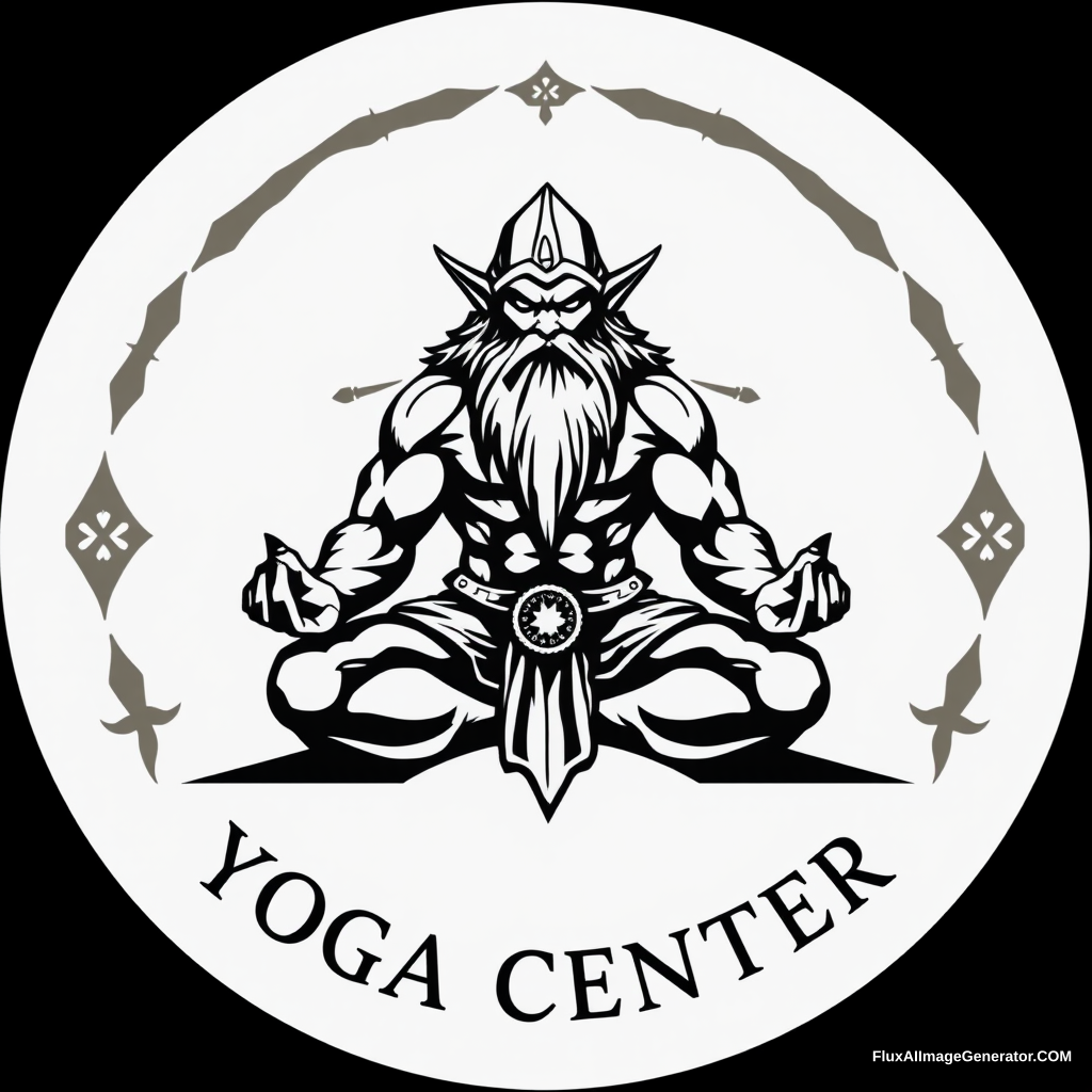 Yoga Center Logo: Muscular Gotrek Dwarf warhammer lotus position.