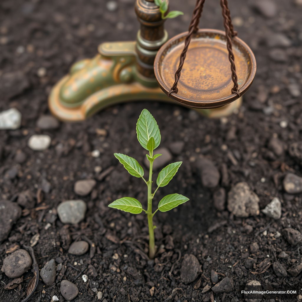 A small, underground citrus shoot was growing from the ground beneath a rusty and decaying judicial scale.