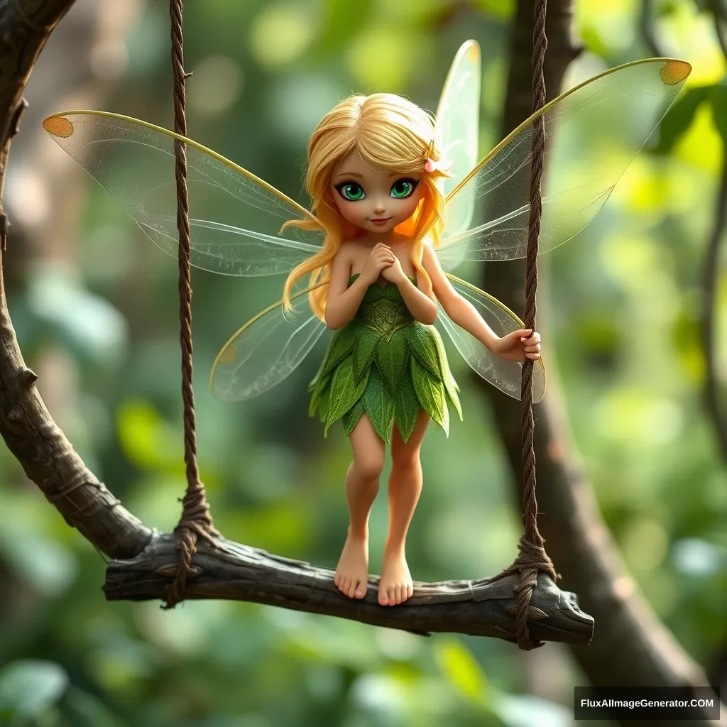 "Forest fairy, beautiful, with golden hair and green pupils, full body shot, standing on a wooden vine swing, transparent wings fluttering." - Image