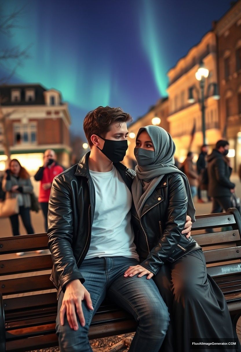 Jamie Dornan, tall and young, wearing a black face mask, a white Nike t-shirt, and jeans, is dating a beautiful Muslim girl in a grey hijab with striking eyes, also wearing a black face mask and a leather jacket, and her very long and largest skirt. She is not tall. They are sitting together romantically on a park bench, looking at each other with love, in a town setting with strangers in the background. The scene is photorealistic, resembling street photography and selfie photos, set at night with an aurora borealis. - Image