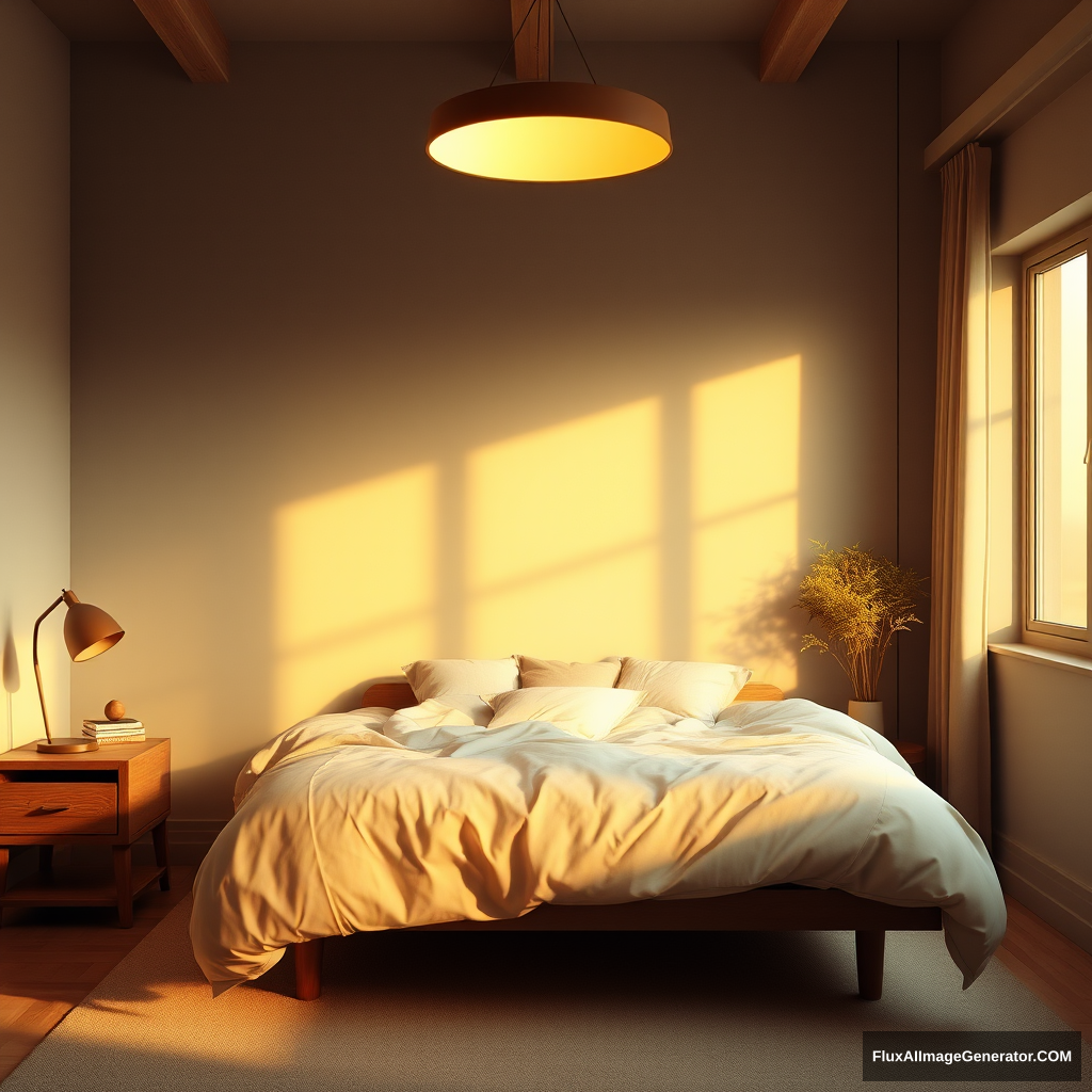 "Bedroom without a main light, color temperature 3500K, warm atmosphere in the evening."