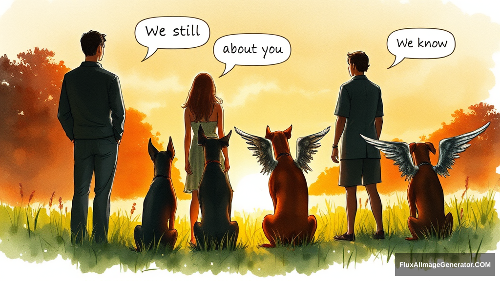 Messy, expressive watercolor illustration: 4 silhouetted figures—2 male, 2 female—stand in a lush meadow at golden hour. 3 ethereal, winged dobermans sit beside them. Facing away from the viewer. Speech bubbles float above: "We still talk about you" (human), "We know" (dog). Nostalgic atmosphere, loose brushstrokes convey wistful longing. - Image