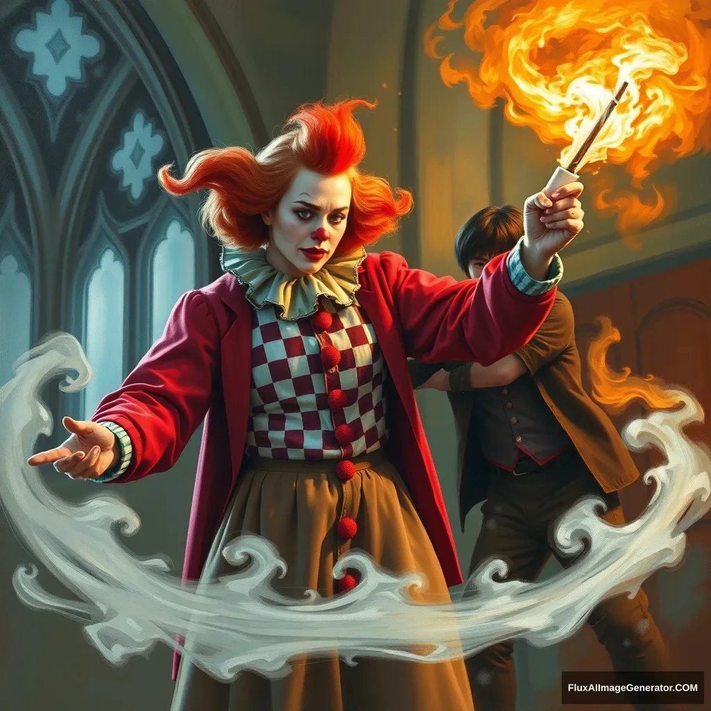 I want a painting of Scarlett Johansson wearing a clown costume while putting out a fire at Hogwarts. While doing so, Harry Potter is trying to prevent her from doing so.