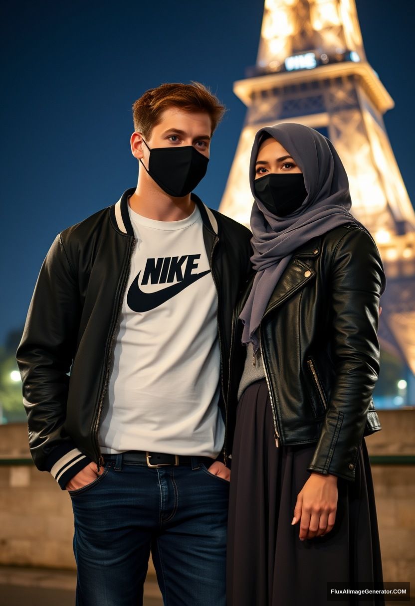 Jamie Dornan, youngest, black face mask, collage jacket, Nike t-shirt, jeans, tall man, fit body,

Dating, love with the biggest grey hijab Muslim girl, beautiful eyes, black face mask, leather jacket, biggest longest skirt, cute not tall girl,

standing near the Eiffel Tower, night scenery, hyper-realistic, photorealistic, street photography.