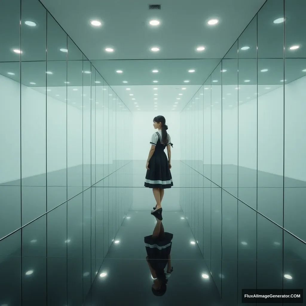 A room with a mirrored floor, all four walls are mirrors, and a Japanese schoolgirl in a dress is inside.