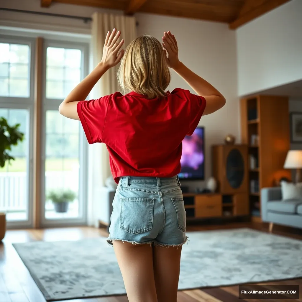 Side view of a blonde, skinny woman in her early twenties in her massive living room, wearing an oversized red polo t-shirt that is slightly off-balance on one shoulder and untucked at the bottom. She is also wearing light blue denim shorts and no shoes or socks. Facing her TV, she dives into the magical screen, slowly raising her arms, which are positioned below her chest, after straightening them.