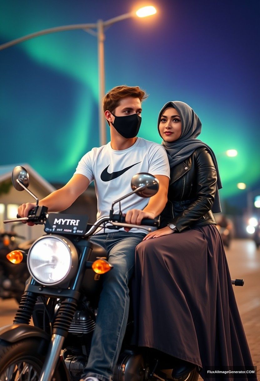 Jamie Dornan, tall, young, wearing a black face mask, a white Nike T-shirt, and jeans, riding a motorcycle, dating romantically with a grey-hijab-wearing Muslim girl with beautiful eyes, also wearing a black face mask and a leather jacket, and a very long and large skirt, who is not tall. 

They are sitting on the motorcycle together in town, in a photorealistic style, street photography, with a night scenery featuring the aurora borealis. - Image