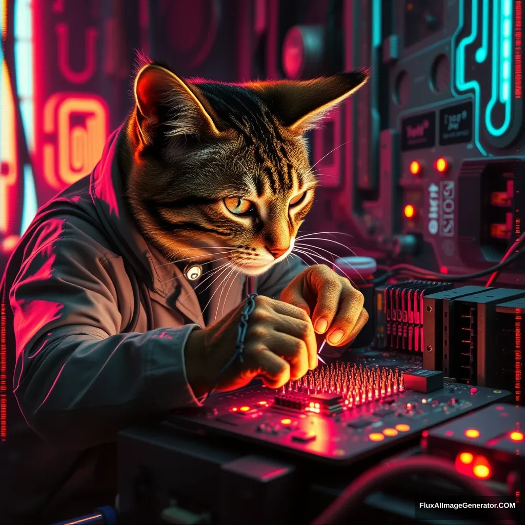 A cybernetic feline technician meticulously solders a complex motherboard, surrounded by flickering neon circuitry. Glitch Art style: pixelated edges, color channel separation, and digital artifacts distort the scene. Retro-futuristic atmosphere evokes 1980s cyberpunk aesthetics. Tense, focused mood amplifies the cat's precision.