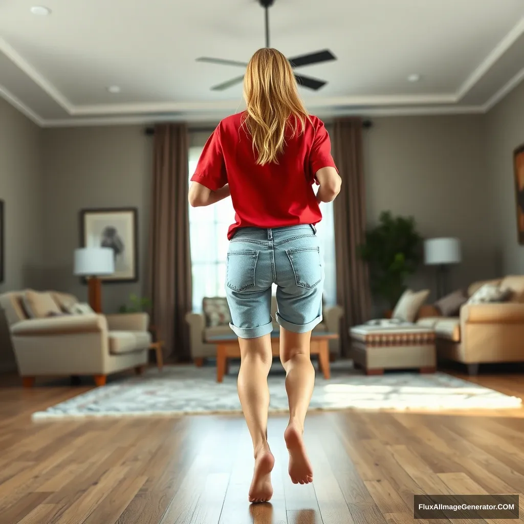 Back view of a skinny blonde woman in her huge living room, wearing a massively oversized red polo T-shirt that hangs off one shoulder, and big light blue denim shorts that aren't rolled up. She is barefoot and is facing the camera as she gets up from her chair and runs towards it. - Image