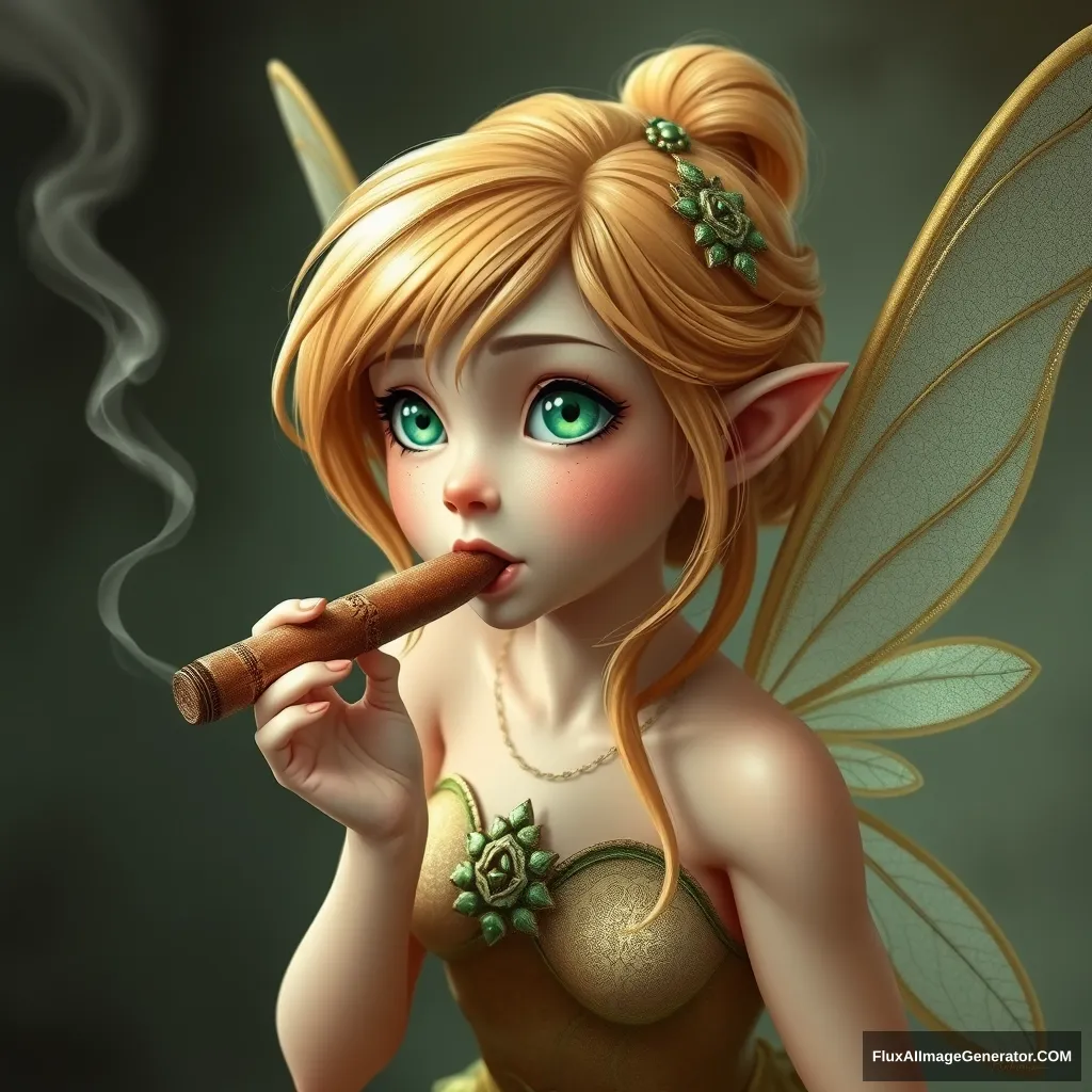 "Cute white ginger fairy with green eyes smoking a cigar twice her size." - Image