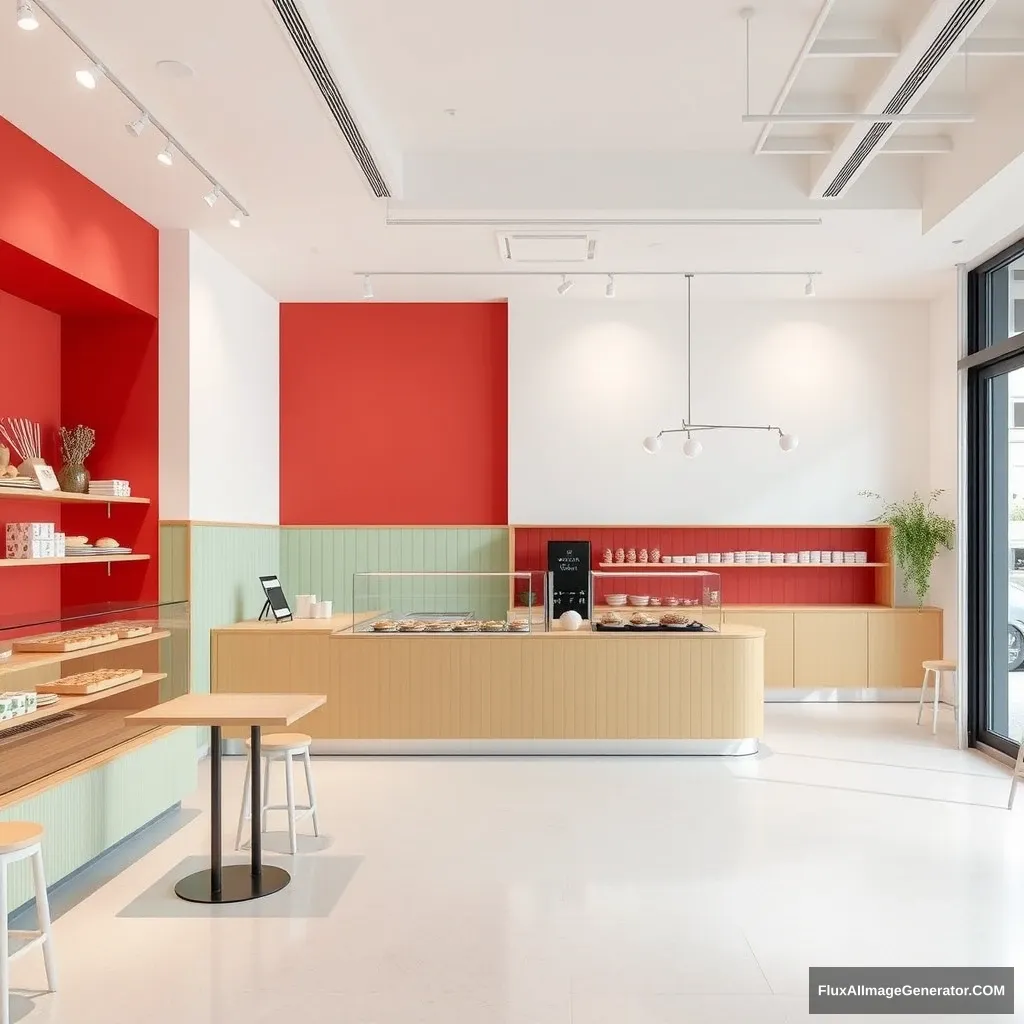 The interior design of the minimalist bakery and pastry shop features pale red, pale green, and white colors, along with a large space.