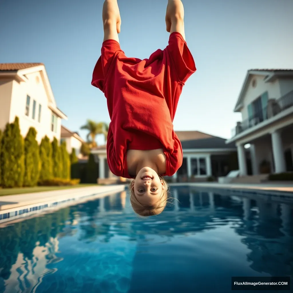 Front view of a young blonde skinny woman who is in her early twenties in her massive backyard wearing a massively oversized red polo t-shirt, which is a bit off-balance on one of the shoulders. The bottom part of her t-shirt is tucked in on all sides. She is also wearing small light blue denim shorts and has no shoes or socks on. She jumps into her massive luxurious pool headfirst, going upside down, and her head is already underwater.