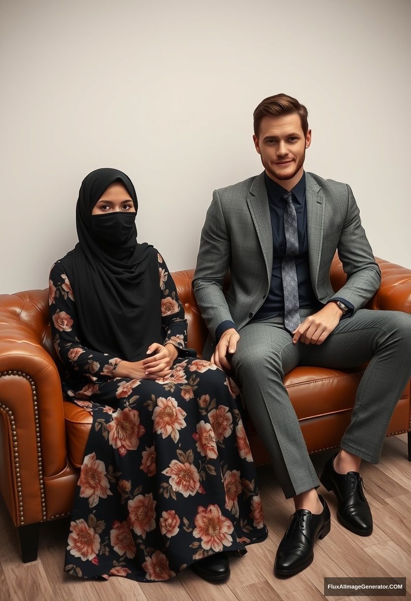 A biggest black hijab girl, slim girl, beautiful eyes, face mask black, biggest floral longest dress, sitting on leather single wing sofa,

Jamie Dornan, youngest, grey suit coat, grey pattern tie, black leather sneakers, tall man, face mask black, fit body, sitting near her,

hyper realistic, studio photography.