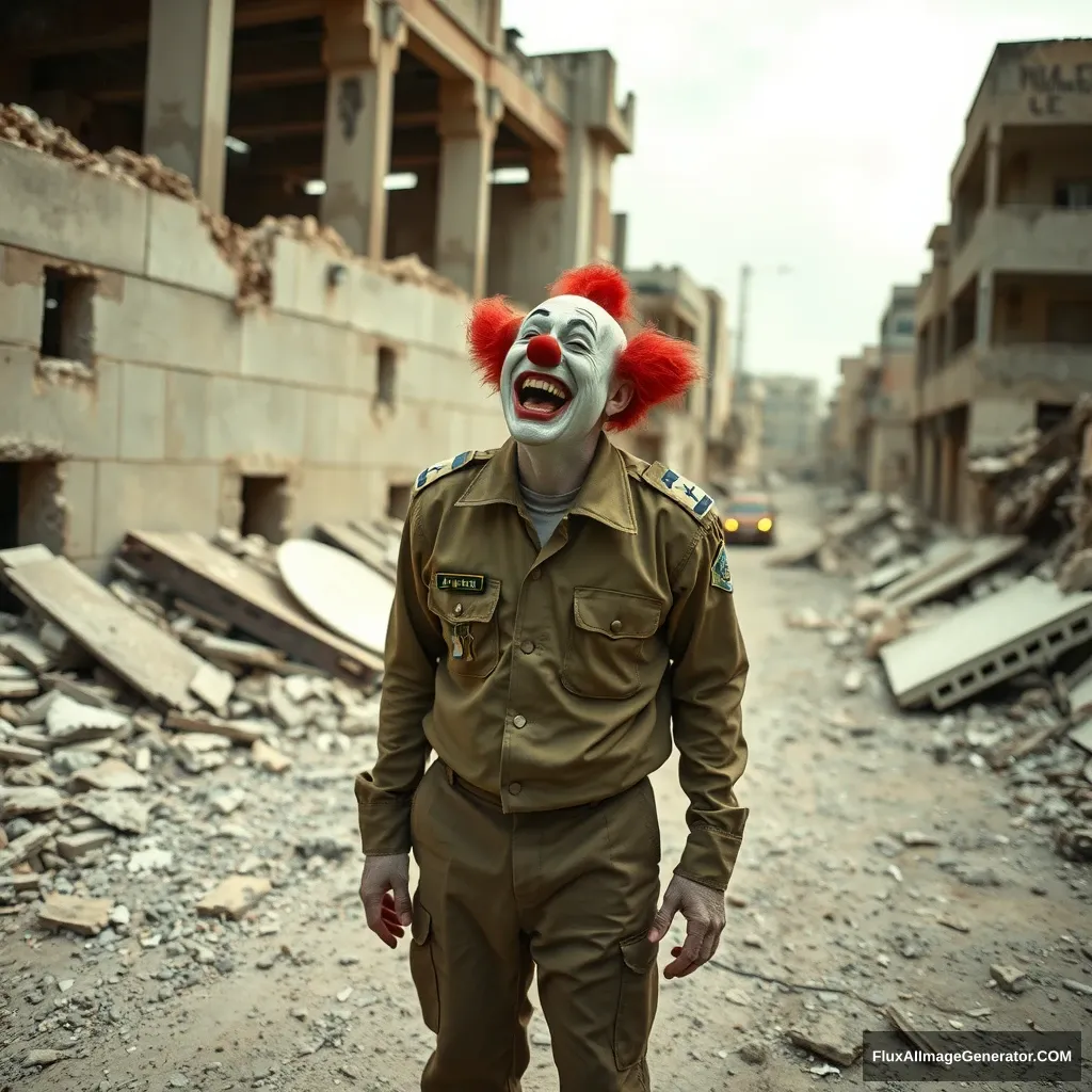 A normal crying clown in an IDF uniform standing in the middle of a destroyed city in ruins laughing hysterically. View from slightly above and from some distance.