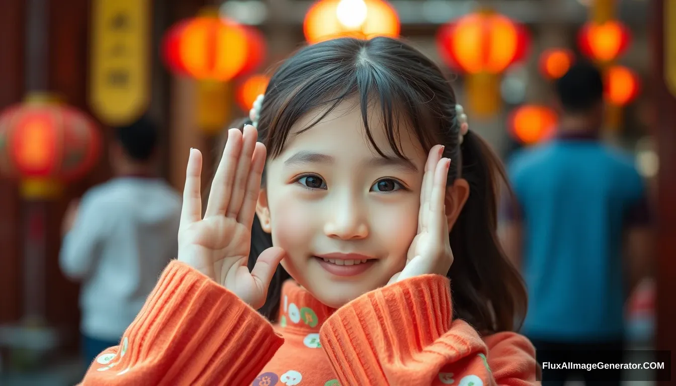 A beautiful Chinese girl holding up her hands, face in the background. - Image