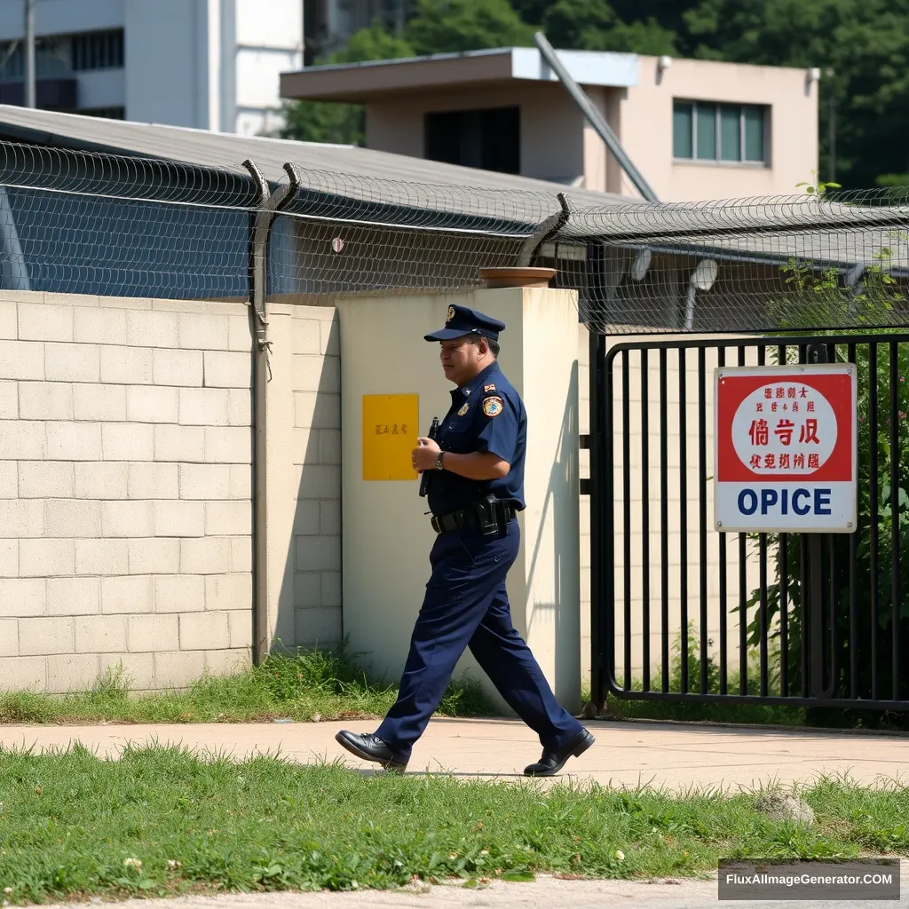 Hong Kong correctional officer patrols the perimeter area of a prison.