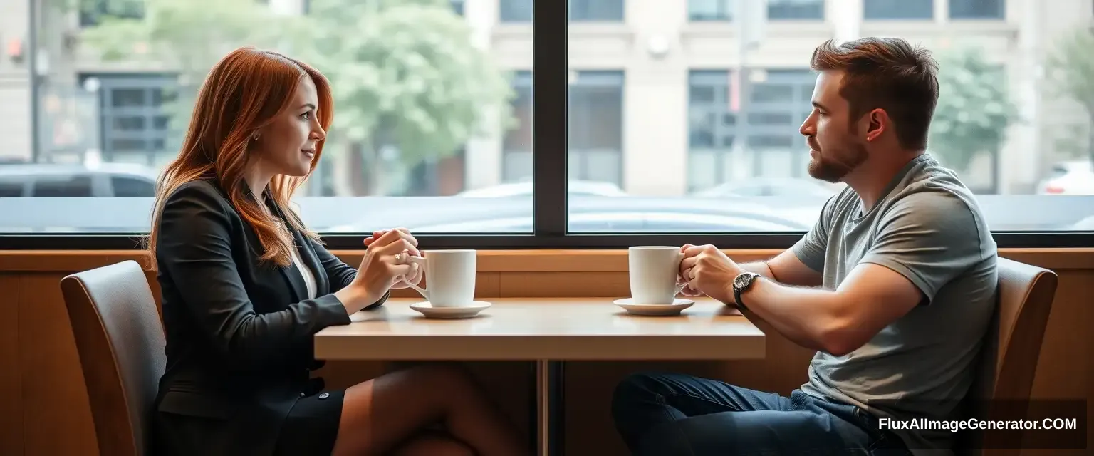 A woman and a man are having coffee in a restaurant. They're sitting across from each other. The woman is a very attractive redhead in her mid-30s, wearing business attire, with brown pantyhose. The man is wearing jeans and a t-shirt. We can see their legs under the table. - Image