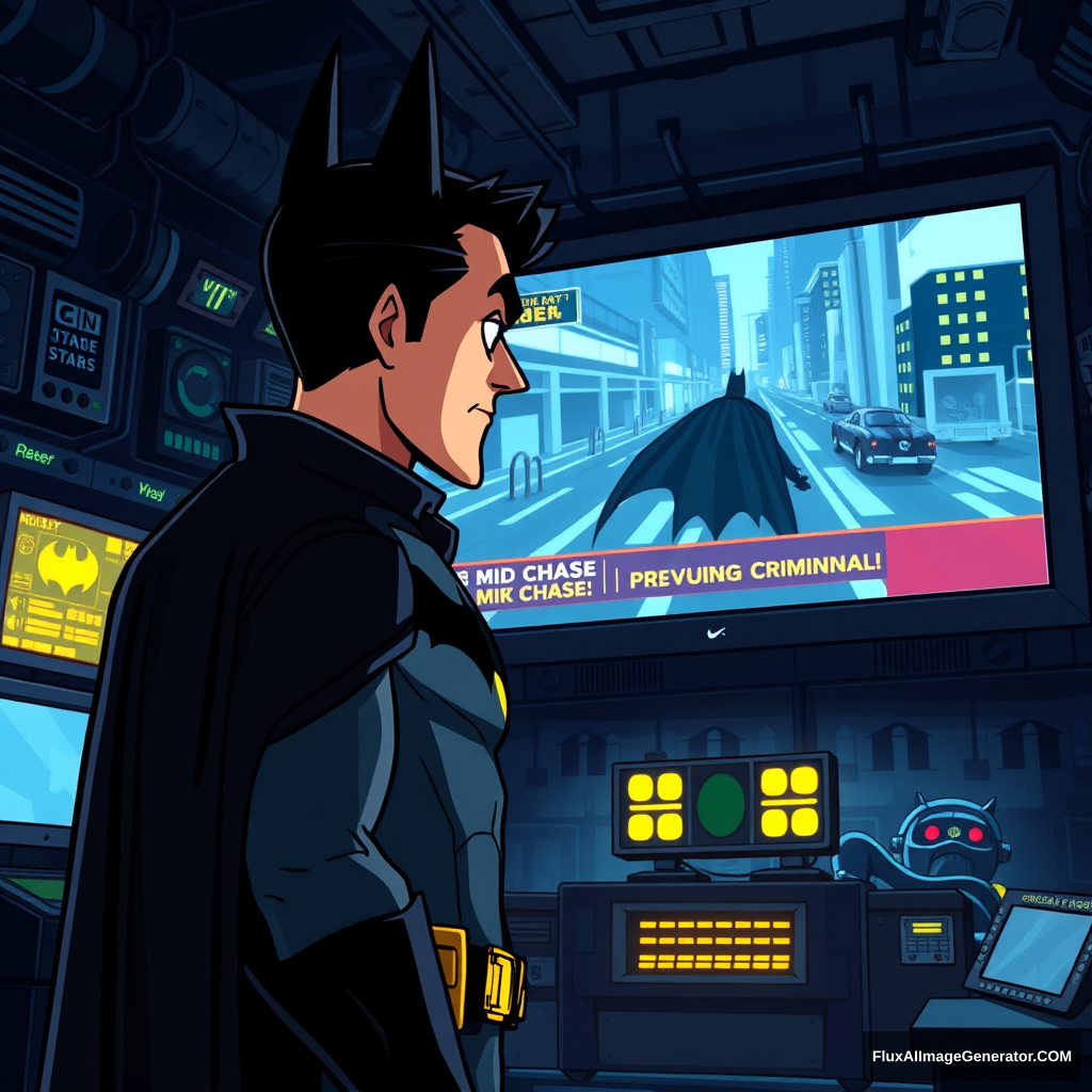 Bruce Wayne, dressed in his signature dark suit, stands in front of a massive computer screen inside the dimly lit Batcave. The screen displays a news broadcast showing mid-chase, pursuing criminals through the city. The Batcave is filled with high-tech gadgets, glowing monitors, and the iconic Batmobile in the background. The scene is depicted in a cartoon animated style, with exaggerated features, vibrant colors, and dynamic lighting that highlights the intensity of the moment. - Image