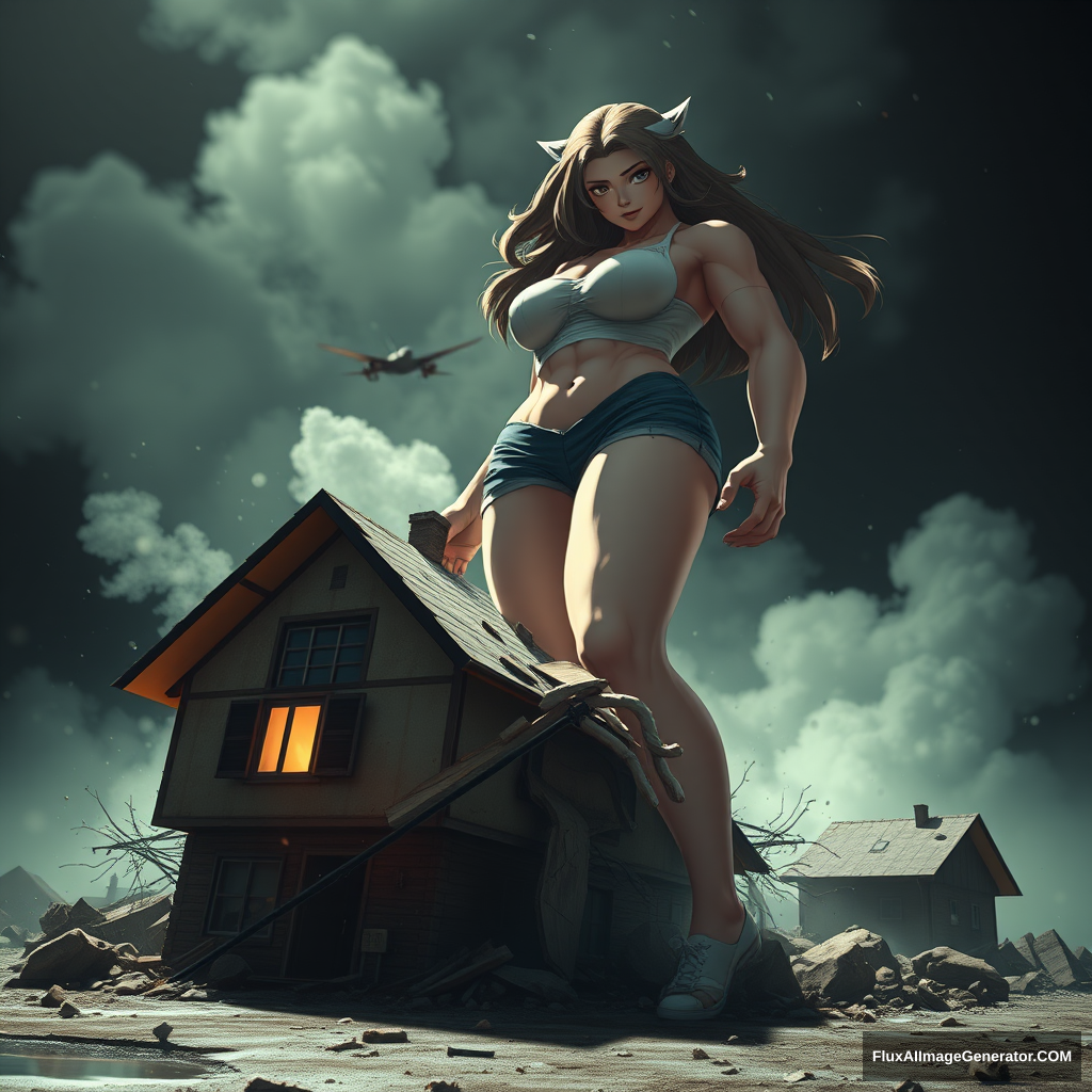 An image taken by a satellite of a gigantic, growing anime woman, with a massive upper body, muscular, stomping her foot on a crushed house. Pixel art style, cinematic dramatic lighting, depth of field bokeh, destruction, smoke, debris, motion blur, water droplets, fog. - Image