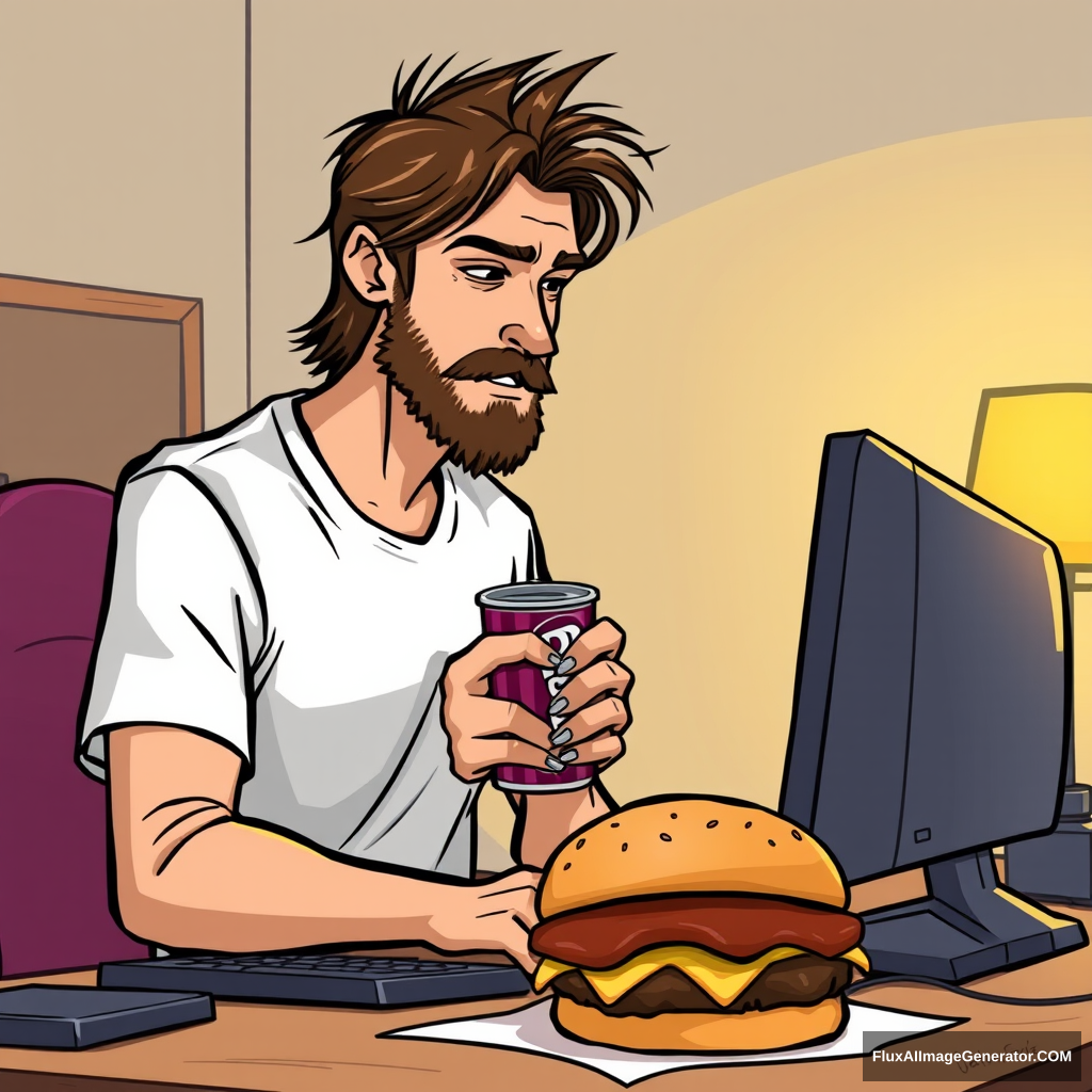 A tall, skinny guy with long brown hair and a short beard is playing a PC game while drinking Dr Pepper, with a McDonald's Triple Down Sandwich on the table.