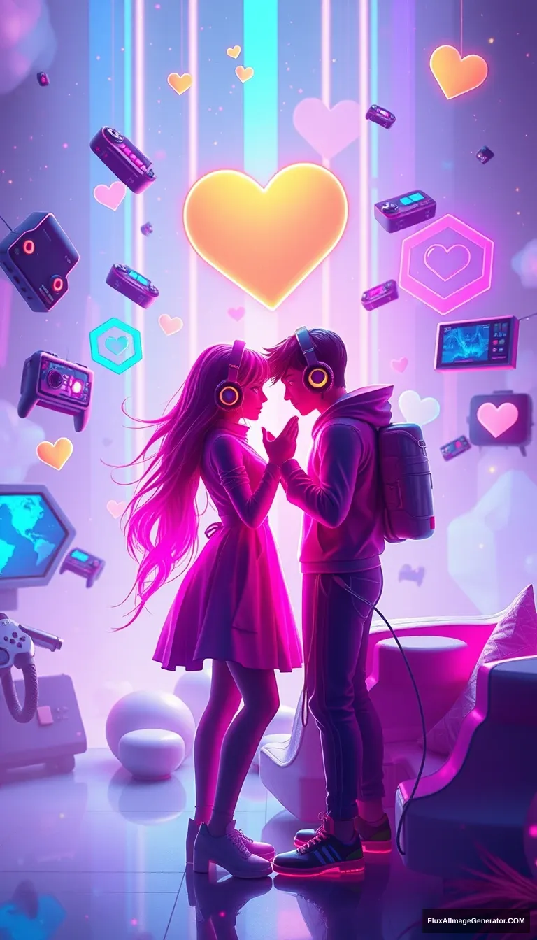 A 3D-rendered romantic wallpaper combining esports elements, featuring holographic neon colors, abstract floating gaming devices, with a magical and futuristic atmosphere, without any characters. - Image