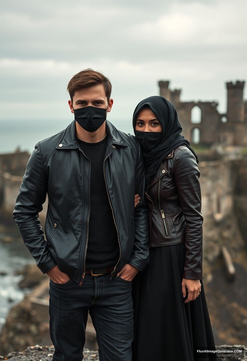 Jamie Dornan's head and body shot, handsome, youngest, black face mask, black leather jacket, jeans, dating, love with the tallest black hijab Muslim girl, not tall, beautiful eyes, face mask, maroon leather jacket, largest black skirt, leaning on his shoulder, hyper-realistic, studio photography, full body photo, exploring at an abandoned castle, at sea, gloomy scenery.