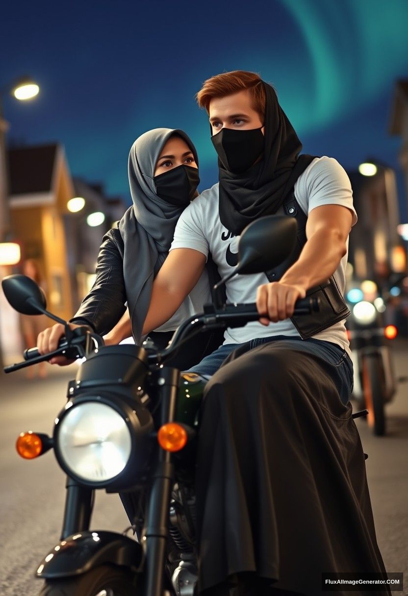 Jamie Dornan, tall and young, wearing a black face mask, a white Nike T-shirt, and jeans, riding a motorcycle.

Dating romantically with a gray hijab-wearing Muslim girl, who has beautiful eyes, a black face mask, a leather jacket, and an extremely long and wide skirt; she's not tall.

Riding a motorcycle in town, photorealistic street photography, night scenery, aurora borealis.