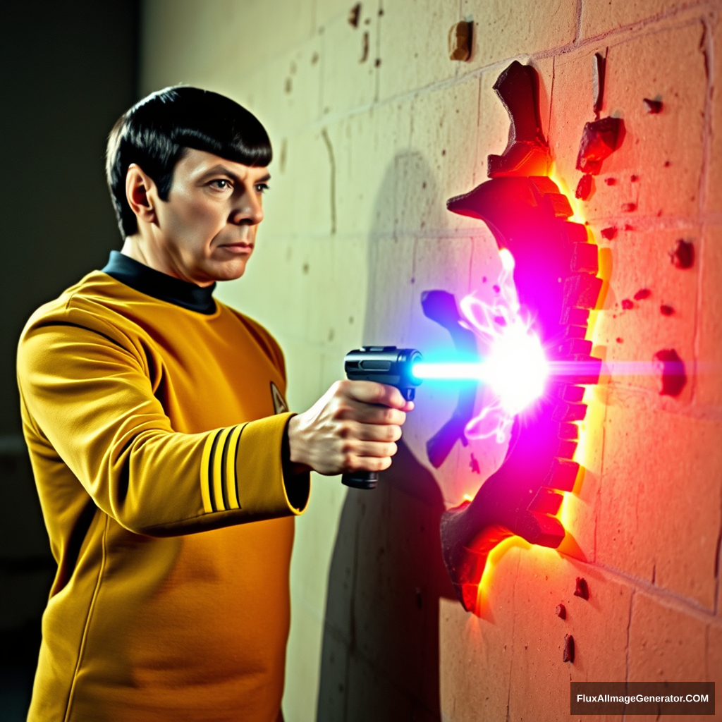 Mr. Spock, melting a wall with his phaser, 4k.