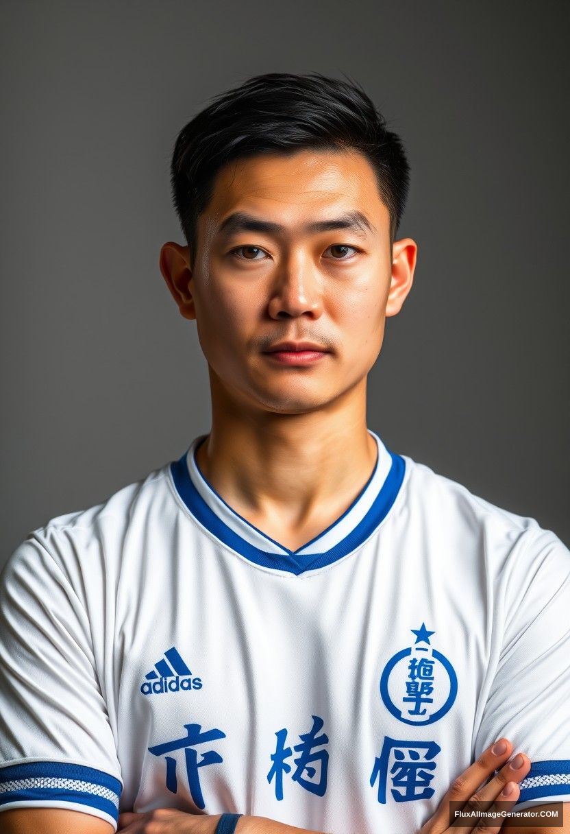 A high-quality portrait photo of a Chinese man with fair and delicate skin, wearing a white short-sleeved soccer jersey with blue cuffs and collar, featuring the Chinese characters for "Ghost" on the chest. He poses confidently with a strong demeanor, his gaze resolute and bright. This is a player portrait in medium shot, using Rembrandt lighting, taken in a studio with bright and soft lighting against a gray background.