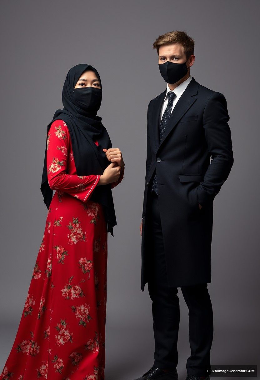 A big black hijab girl with beautiful eyes, wearing a black face mask, in the longest red floral dress, not tall, standing near him, affectionately holding his arm.

A body and face shot of Jamie Dornan, handsome, youthful, wearing a black face mask, fit and tough physique, in a black coat suit, white shirt, black patterned tie, a tall man in black shoes, love standing near her, a loving couple.

Hyper-realistic, studio photography, photorealistic.